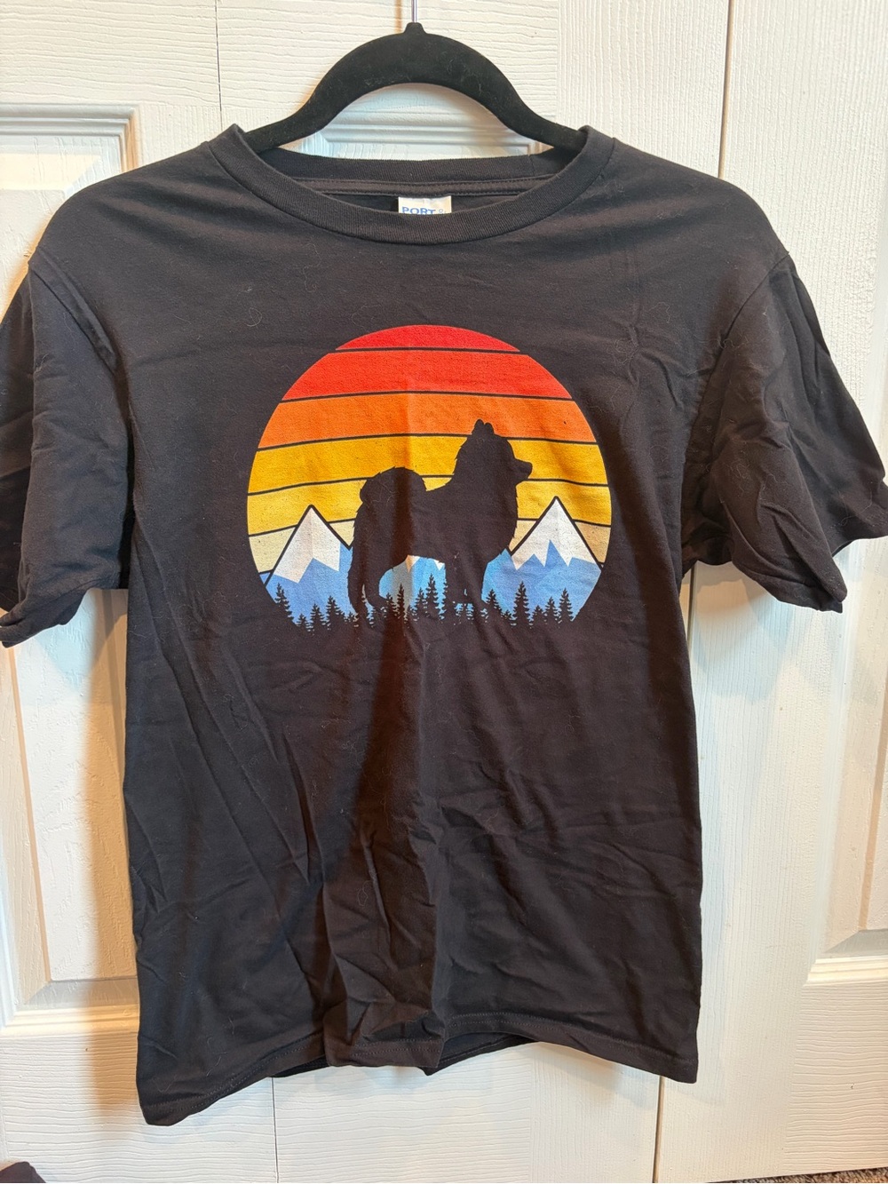 Black Graphic T-Shirt with Sunset Pomeranian Design